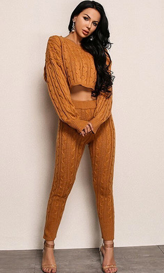 All Warmed Up Brown Gold Long Sleeve Cable Boat Neck Crop Pullover Sweater Drawstring Legging Lounge Two Piece Jumpsuit