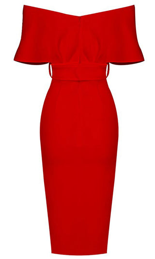 Perfectly Posh Red Elbow Sleeve Cross Wrap V Neck Off The Shoulder Belted Bodycon Midi Dress