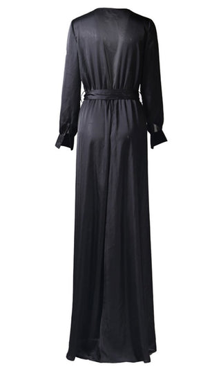 Monaco Black Long Sleeve Plunge V Neck Shirred Pleated High Slit Maxi Dress