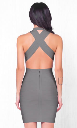 She's A Catch Sleeveless Grey Plunging Deep V Neck Cross Back Body Con Bandage Fitted Mini Dress
