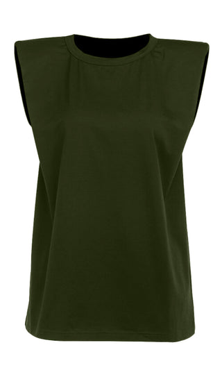 Strong And Stylish Army Green Solid Classic Basic Shoulder Pad Muscle Tee Round Scoop Neck Tee Shirt Sleeveless Top