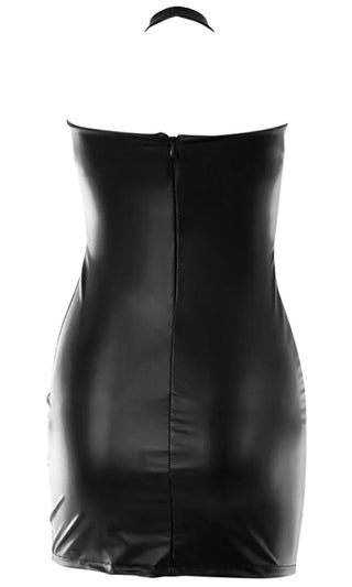 Rock This Joint <br><span>Black Pu Faux Leather Sleeveless Plunge V Neck Halter Cut Out Bodycon Mini Dress</span>