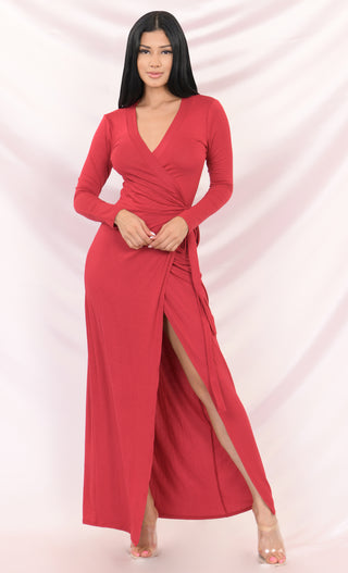 Every Which Way Red Long Sleeve Plunge V Neck Wrap Front Slit Maxi Casual Dress