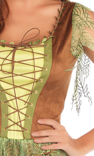 Forest Flirt <br><span> Brown Light Green Sheer Mesh Leaf Pattern Cap Sleeve Lace Up V Neck Asymmetric Midi Dress Halloween Costume</span>