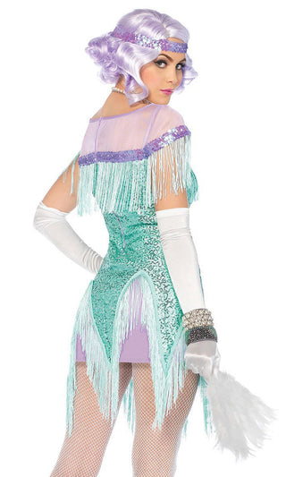 Fringy Flirt <br><span>Sequin Fringe Sheer Mesh Short Sleeve Boat Neck Zig Zag Hem Bodycon Mini Dress Halloween Costume</span>