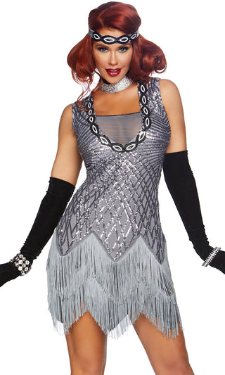 Prohibition Babe <br><span>Grey Sequin Diamond Geometric Pattern Fringe Sleeveless Sheer Mesh Scoop Neck Bodycon Mini Dress Halloween Costume</span>