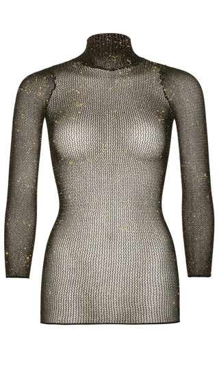 Gorgeous And Glam <br><span>Back Gold Sheer Mesh Sparkle Long Sleeve High Neck Bodycon Lingerie Mini Dress</span>