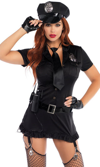 On Patrol <br><span>Black Short Sleeve Button Plunge V Neck Ruffle Garter Mini Dress Halloween Costume</span>