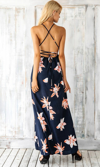 Far And Away Navy Blue Pink White Floral Sleeveless Spaghetti Strap Plunge V Neck Crisscross Back High Slit Casual Maxi Dress