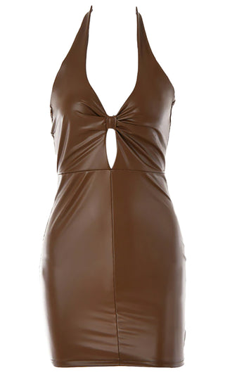 Rock This Joint <br><span>Brown Pu Faux Leather Sleeveless Plunge V Neck Halter Cut Out Bodycon Mini Dress</span>