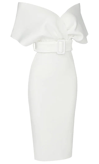 Perfectly Posh Black White Elbow Sleeve Cross Wrap V Neck Off The Shoulder Belted Bodycon Midi Dress