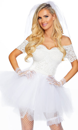 Beautiful Bride <bR><span> White Lace Tulle Short Sleeve Off The Shoulder Sweetheart Neck Flare A Line Mini Bridal Dress Halloween Costume</span>
