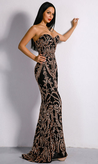 Dashing Diva Gold Black Sequin Ornate Pattern Strapless Sweetheart Neck Maxi Dress