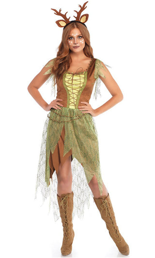 Forest Flirt <br><span> Brown Light Green Sheer Mesh Leaf Pattern Cap Sleeve Lace Up V Neck Asymmetric Midi Dress Halloween Costume</span>