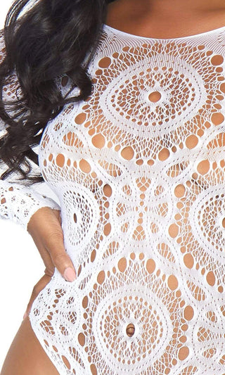 Lacy Fantasy <br><span>Sheer Crochet Lace Long Sleeve Scoop Neck Cut Out Back Lingerie Bodysuit<br><span>