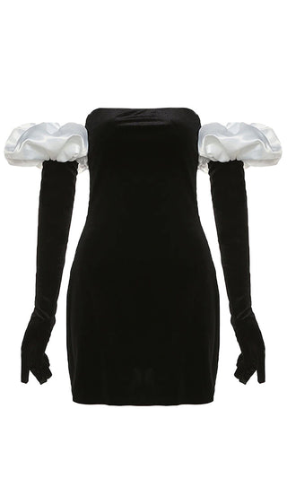 All Puffed Up White Black Velvet Strapless Straight Neck Long Sleeve Gloves Contrast Puffs Bodycon Mini Ddress