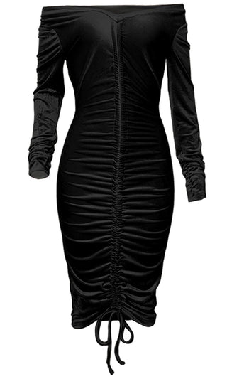 Friday Night Fantasy Black Velvet Long Sleeve Off The Shoulder Deep V Neck Ruched Bodycon Midi Dress