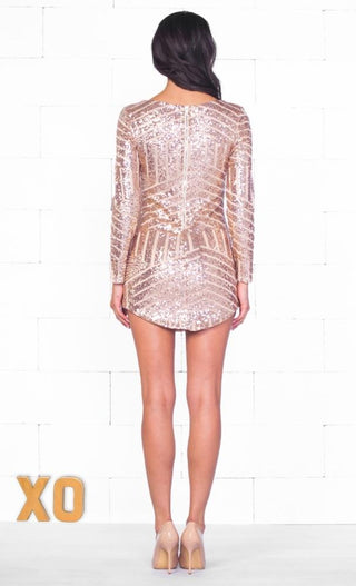 Indie XO Party On Gold Geometric Sequin Long Sleeve Plunge V Neck Bodycon Mini Dress - Just Ours!