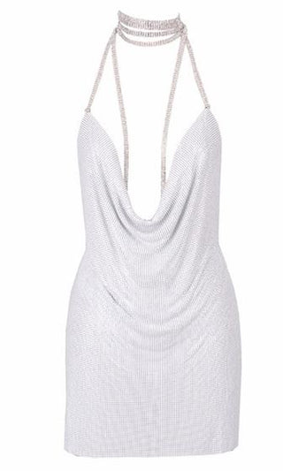Indie XO White Chain Gang Metal Chainmail Plunge V Neck Backless Halter Mini Dress