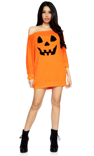 Pumpkin Patch <br><span>Orange Pumpkin Long Sleeve Off The Shoulder Casual Halloween Mini Dress</span>