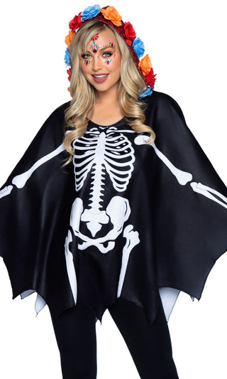 Skin Deep<br><span> Black White Skeleton Print Long Sleeve Hood Poncho Halloween Costume</span>