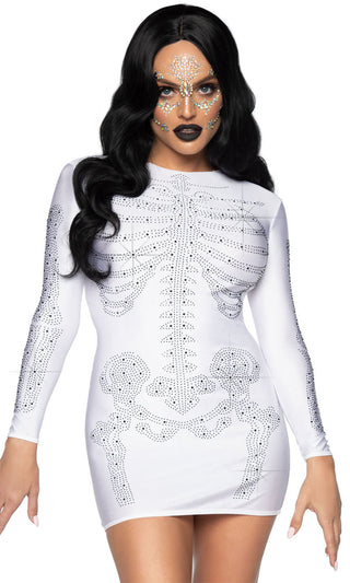 Sparkle It Up<br><span>White Rhinestone Skeleton Pattern Long Sleeve Round Neck Bodycon Mini Dress</span>