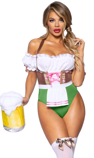 Beer Garden<br><span> White Green Short Puff Sleeve Off The Shoulder Apron Bodysuit Two Piece Halloween Costume Set</span>