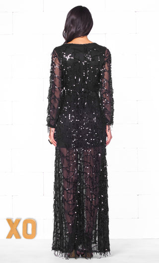 Indie XO More Than A Dream Black Sequin Fringe Sheer Long Sleeve Plunge V Neck High Slit Maxi Dress