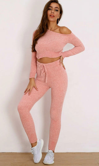 All Wrapped Up Long Sleeve Lounge Crop Top Off the Shoulder Chenille Skinny Legging Two Piece Lounge Jumpsuit - 3 Colors Available
