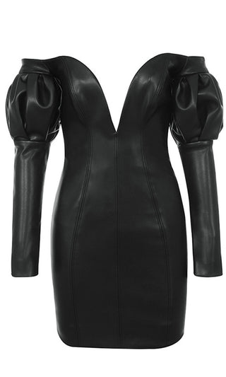 Naughty Attitude Black PU Faux Leather Long Puff Sleeve Off The Shoulder Plunge V Neck Bodycon Mini Dress