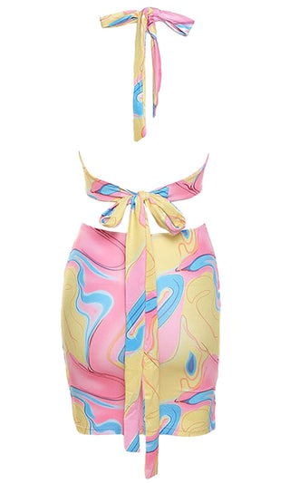 Summer Sweetheart <br><span>Fuchsia Pink Geometric Pattern Sleeveless Backless Plunge V Neck Halter Bodycon Two Piece Mini Dress</span>