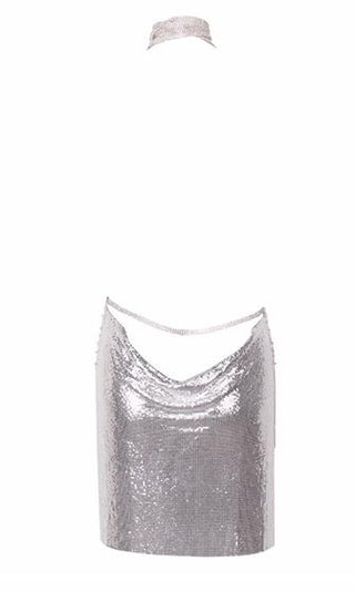 Indie XO Silver Chain Gang Metal Chainmail Plunge V Neck Backless Halter Mini Dress