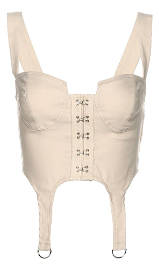 Private Show<br><span> Beige Sleeveless Bustier Sweetheart Neck Garter Hook And Eye Crop Top Blouse</span>