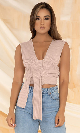 In My Dreams <br><span>White Multiway Knit Light Purple V Neck Sleeveless Tie Crop Top</span>