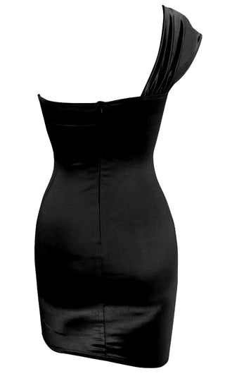 Park Avenue Party Black Satin One Shoulder Drape V Neck Bodycon Mini Dress