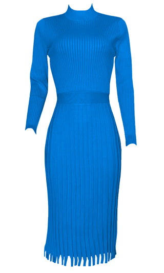 All You Want Red Pleated Crew Ribbed Round Neck Modest Long Sleeve Stretch Knit Body Con Sweater Midi Dress