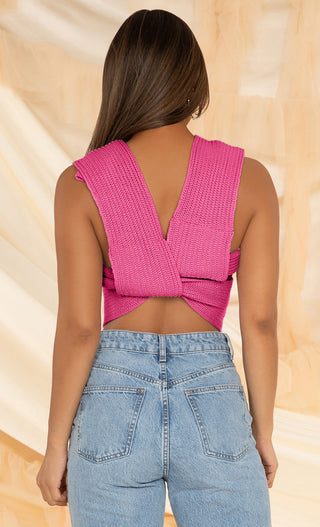 In My Dreams <br><span>Fuchsia Pink Multiway Knit Light Purple V Neck Sleeveless Tie Crop Top</span>