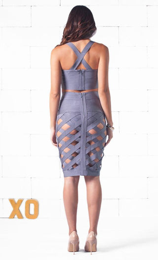 Wild Child Black Two Piece Bandage Crop Bustier Halter Top Cut Out Lattice Cage Skirt Mini Dress
