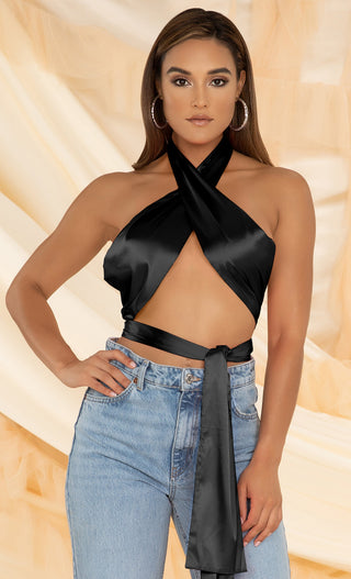 Permission to Dance <br><span> Brown Sleeveless Halter Satin  Wrap Tie Backless Crop Top</span>