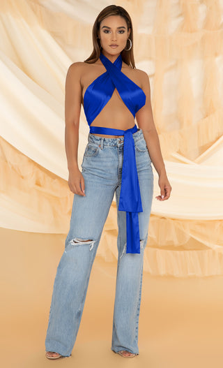 Permission to Dance <br><span> Blue Sleeveless Halter Satin  Wrap Tie Backless Crop Top</span>