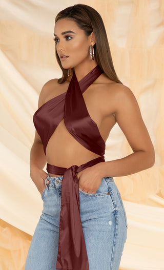 Permission to Dance <br><span>Red Sleeveless Halter Satin  Wrap Tie Backless Crop Top</span>