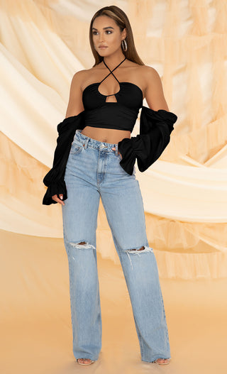 Baby Girl <br><span>Blue Long Sleeve Keyhole Cut Out Halter Tie Lantern Cuff Crop Blouse Top</span>