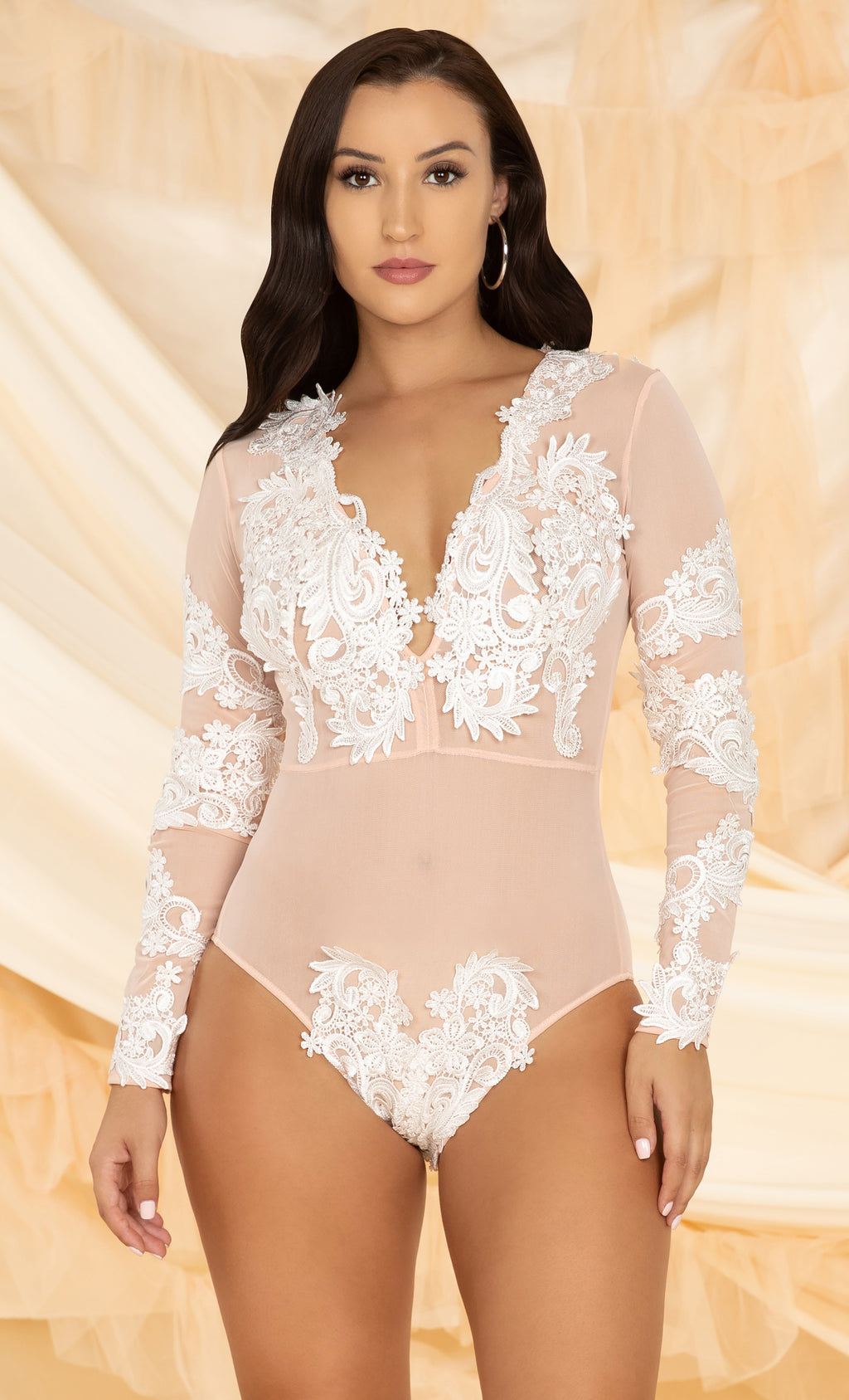 All Inspiring Sheer Light Pink White Lace Long Sleeve Deep Plunging V Neck  Bodysuit Top – Indie XO