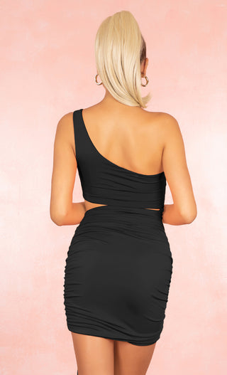 Heating Things Up Black Sleeveless One Shoulder Cut Out Side Ruched Bodycon Mini Dress