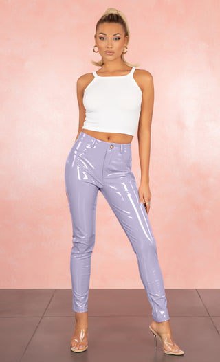 Too Slick <br><span>Light Purple PU Patent Mid Rise Shiny Zip Front Faux Leather Skinny Button Pant Streetwear</span>