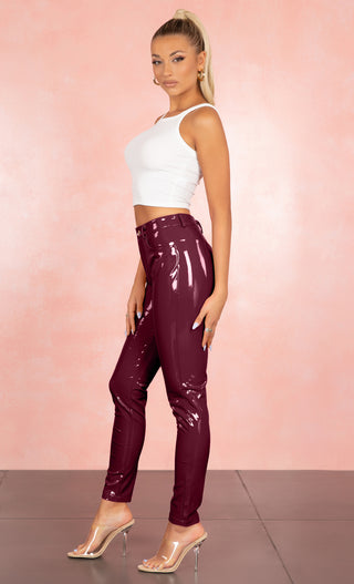Too Slick <br><span>Burgundy PU Patent Mid Rise Shiny Zip Front Faux Leather Skinny Button Pant Streetwear</span>
