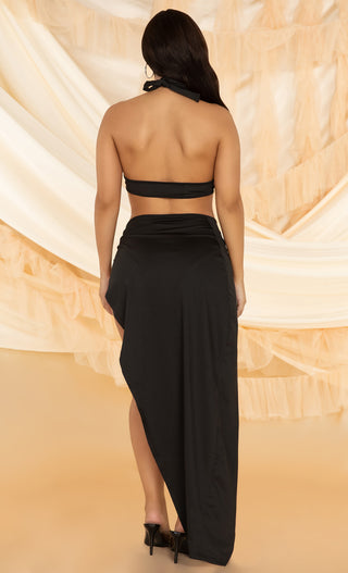 Wicked And Wild Black Sleeveless One Shoulder Cut Out Halter Bodysuit Side Slit Maxi Skirt Two Piece Dress