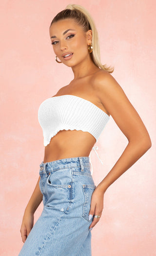 Short Notice White Stretchy Ribbed Triangle V Hem Strapless Lace Up Back Crop Top