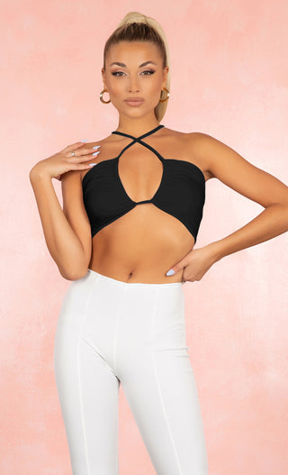 Wild Ways Bralette White Spaghetti Strap Open Front Cut Out Keyhole Cross Neck Lace Up Tie Back Crop Top