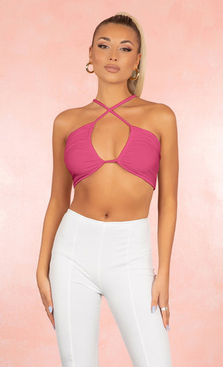 Wild Ways Bralette Rose Pink Spaghetti Strap Open Front Cut Out Keyhole Cross Neck Lace Up Tie Back Crop Top